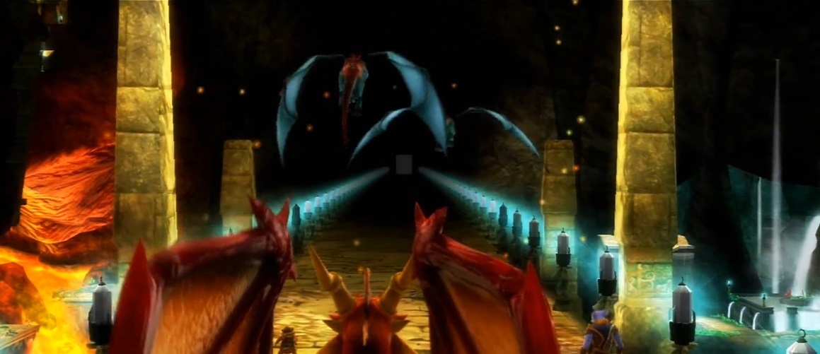 A pair of dragon soldiers flying ahead down the Ruins of Warfang bridge