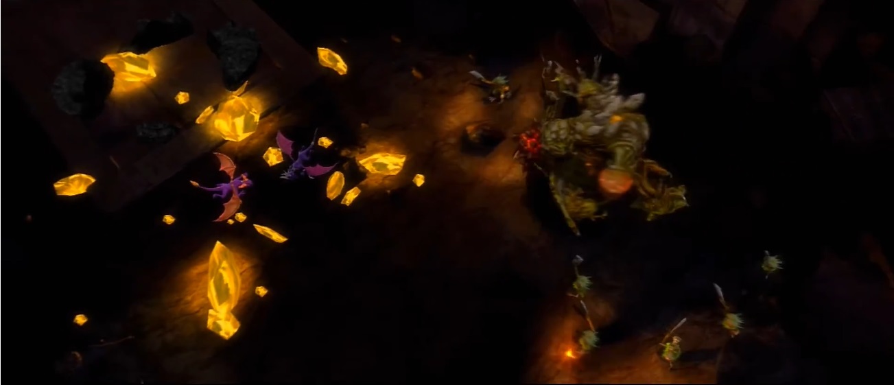The shattered remains of the time crystal around Spyro and Cynder as the Grublins approach them