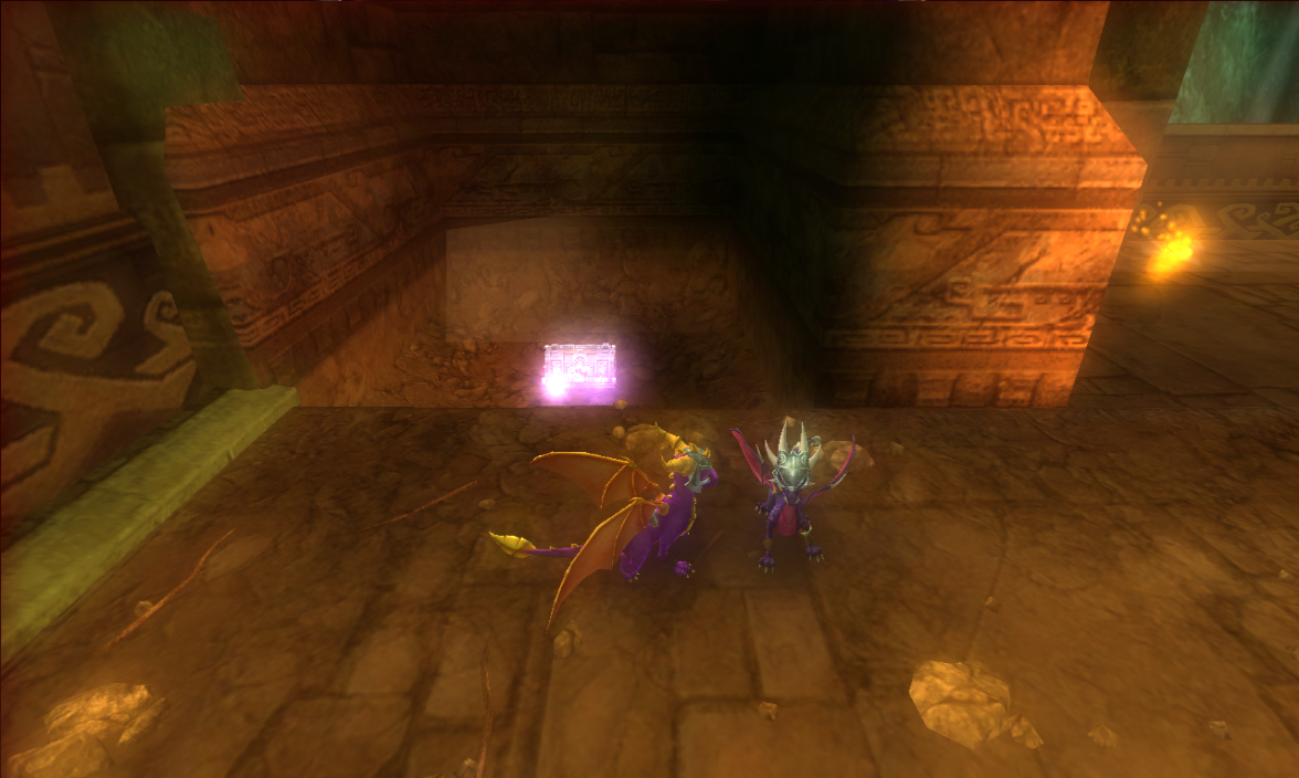 Chest hidden behind vines, under smashable rock, contains Spyro's gold bracers