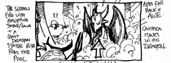 A storyboard piece of the Dragon Temple statue