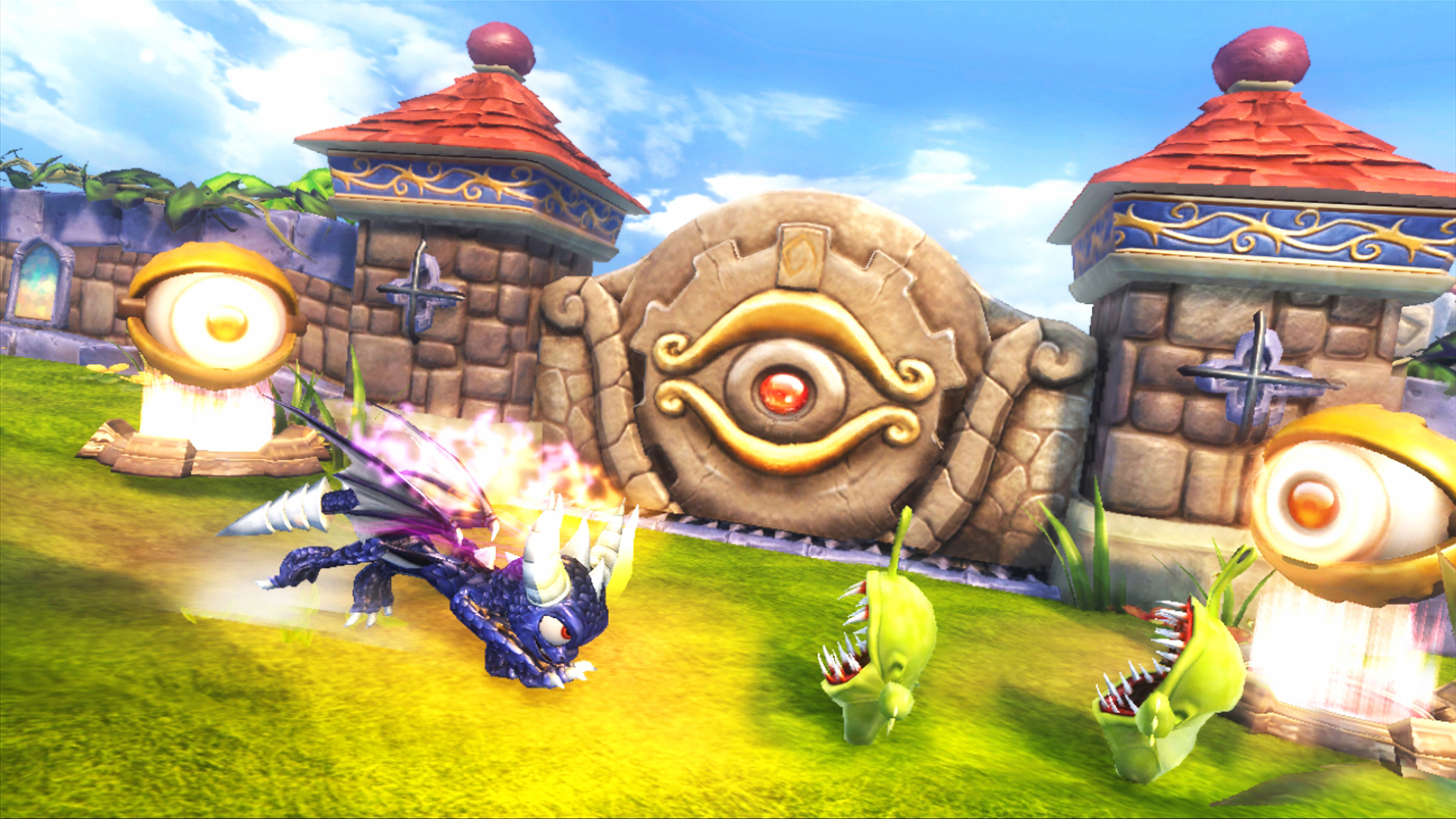 Dark Spyro using his Horn Charge on two Chompies