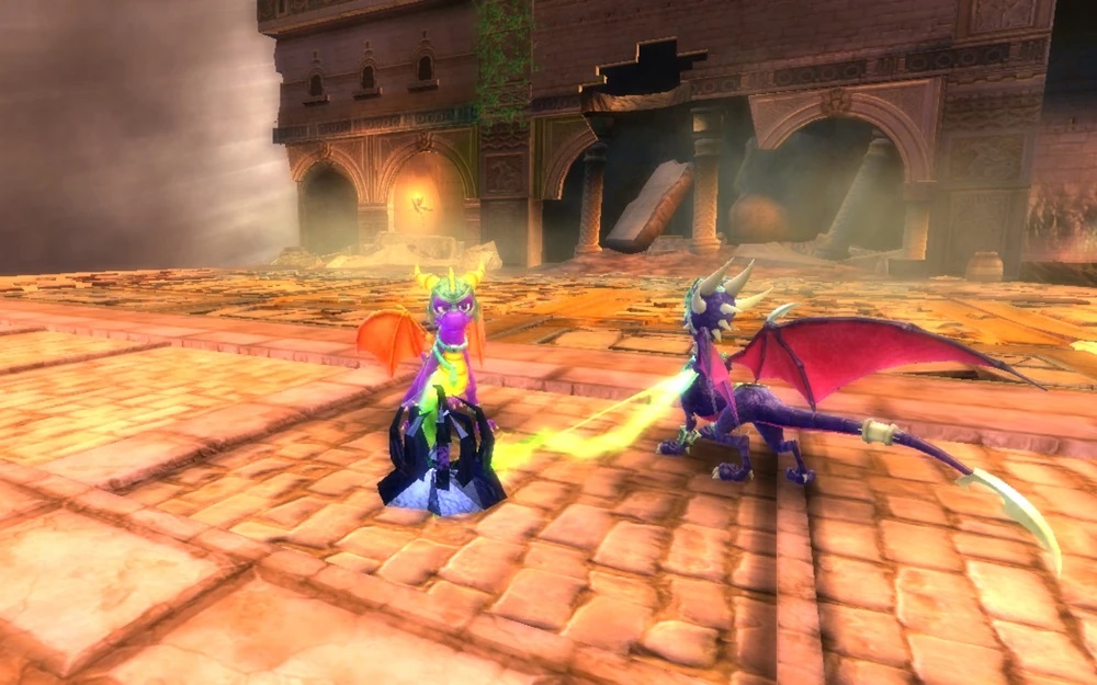 Spyro and Cynder chained down by their snake chains by a staple shot by a turret