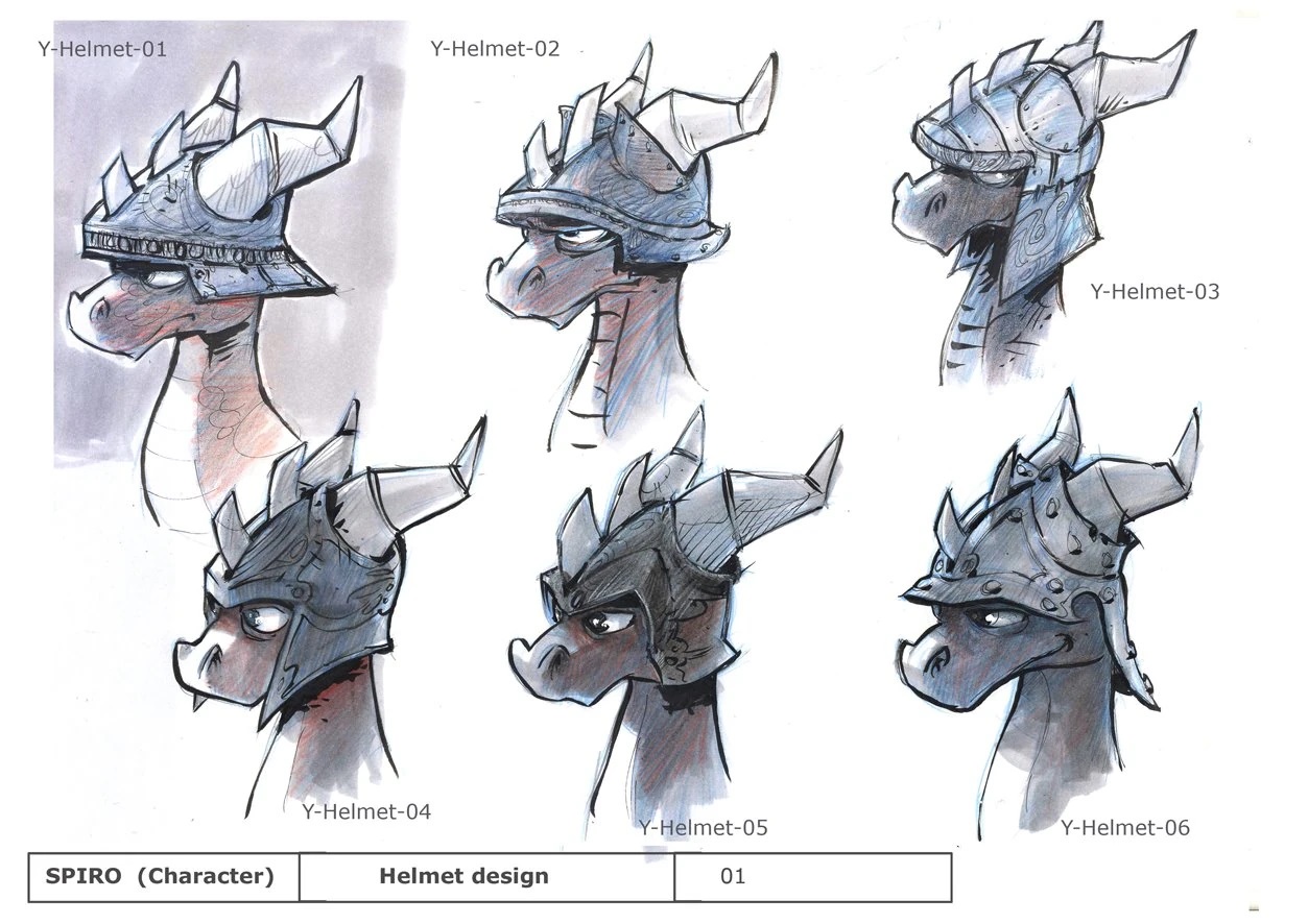 Concept art of Spyro wearing various helmets by Yan Le Pon