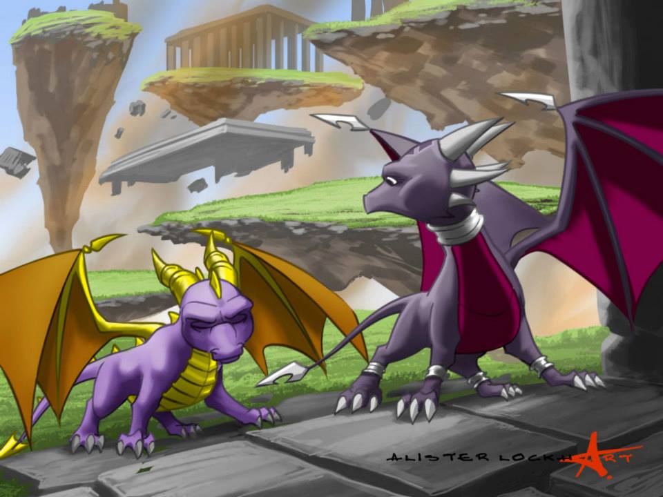 Cutscene artwork Spyro and Cynder treking through the Floating Islands