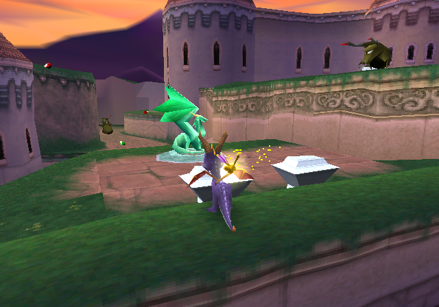 Spyro looking at a dragon statue in the original PlayStation version