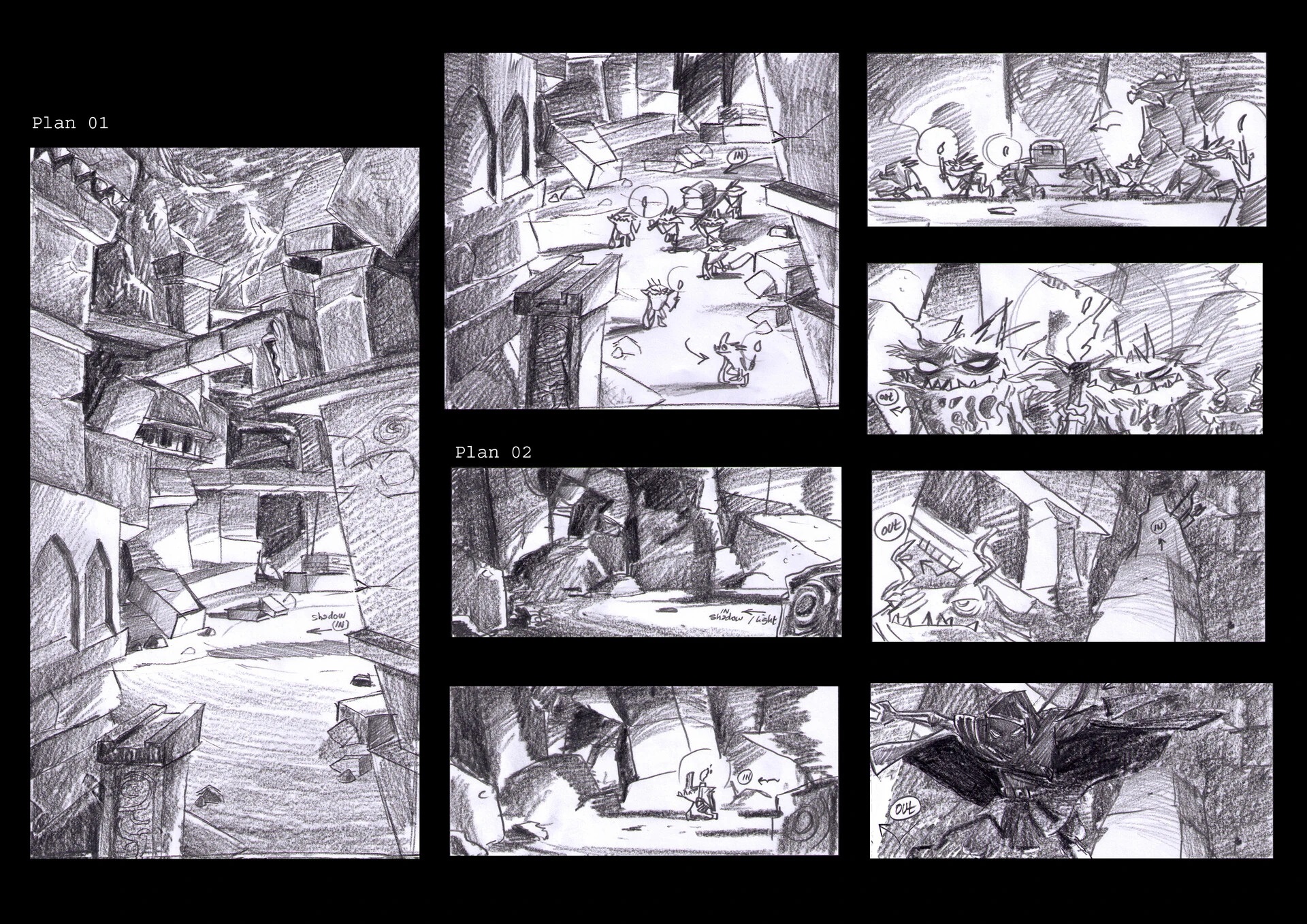 The Catacombs intro cutscene storyboard