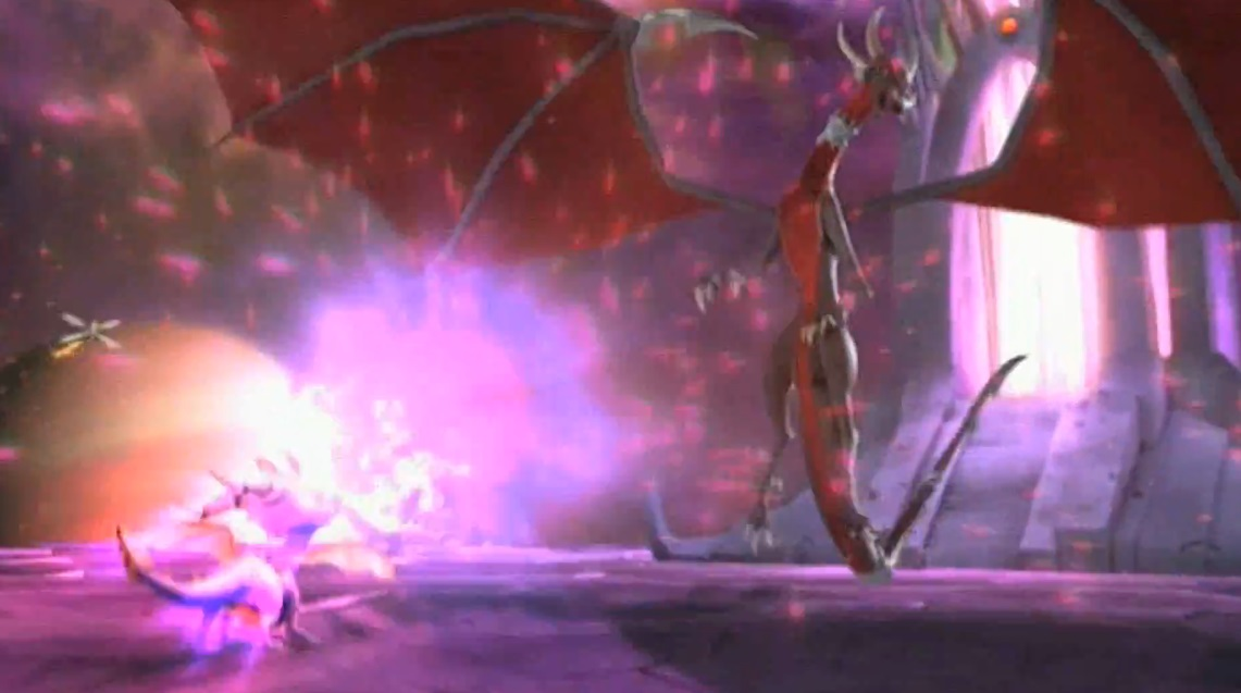 Spyro preparing to unleash his Aether Fury upon Cynder in the introduction scene to The Legend of Spyro: The Eternal Night
