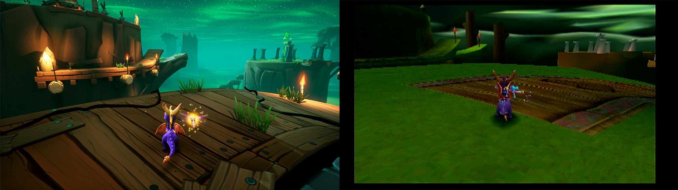 Spyro Reignited Trilogy comparison - Reignited version of Tree Tops (left) and original Playstation (right)