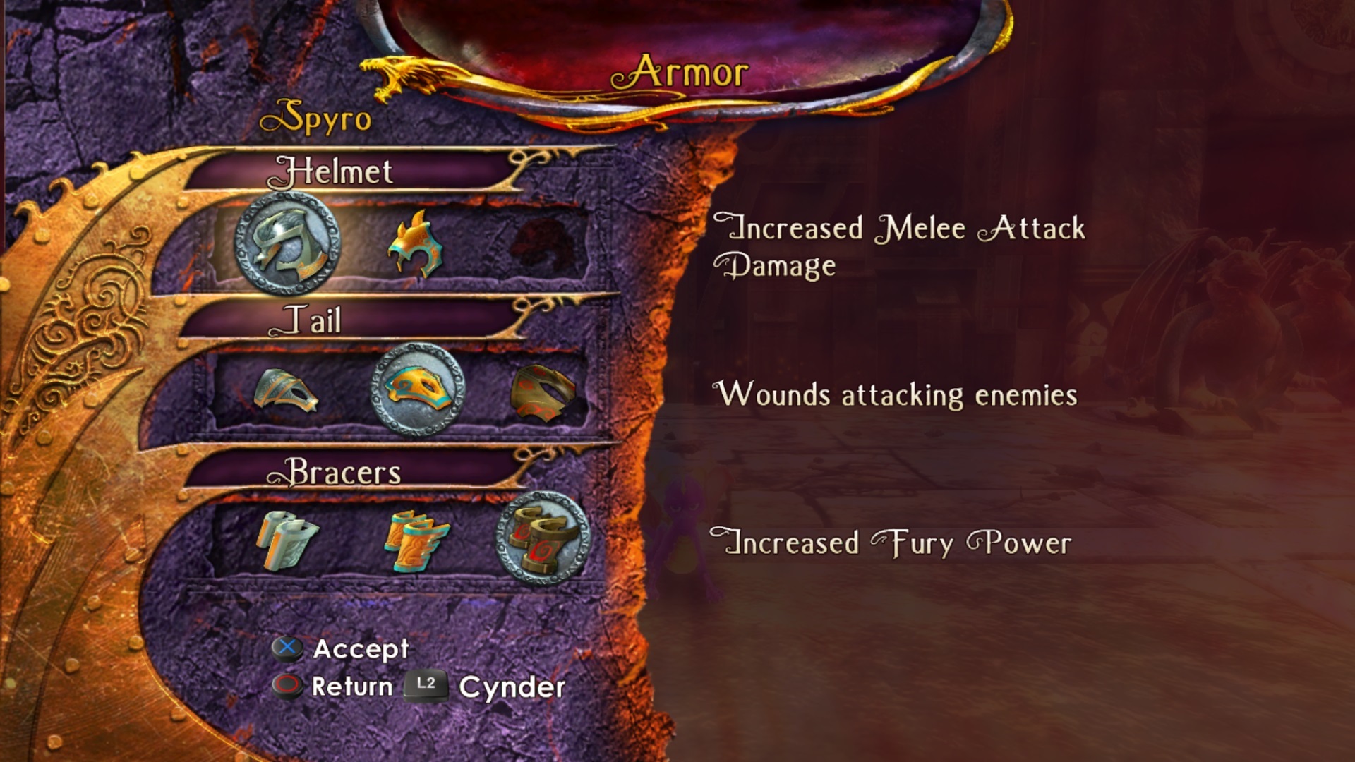 Spyro's Armor selection screen in The Legend of Spyro: Dawn of the Dragon