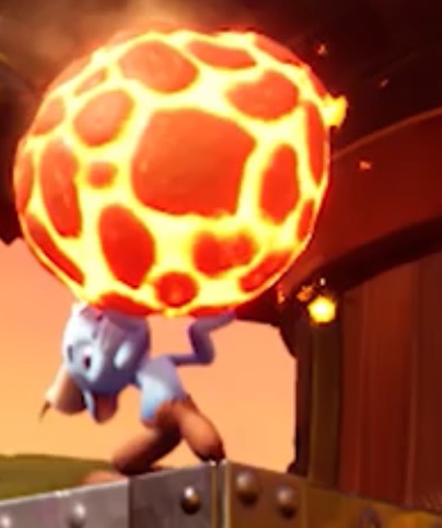 A Magma Cone faun holding up a large molten rock