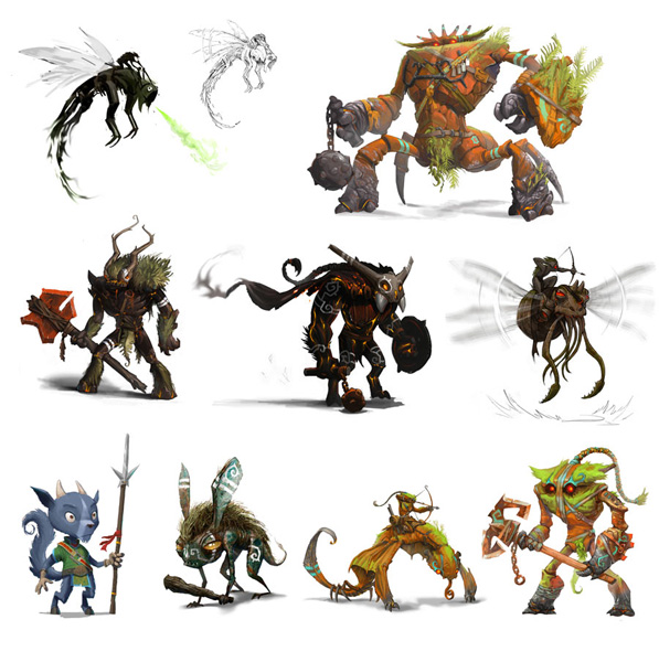 Early Grublin concepts, including one of Grublin Fly, a Wyvern Rider and a faun ally