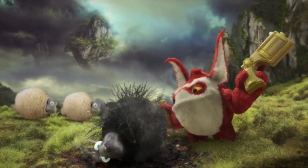 Trigger Happy after blasting a Sheep in The Beginning Trailer