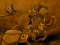 Spyro being held before Scratch by two Scavengers in the Nintendo DS version of The Eternal Night.