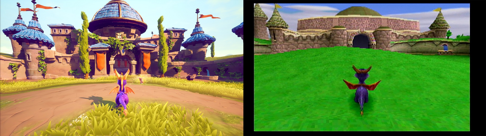Spyro Reignited Trilogy comparison - Reignited version of Stone Hill (left) and original Playstation (right)