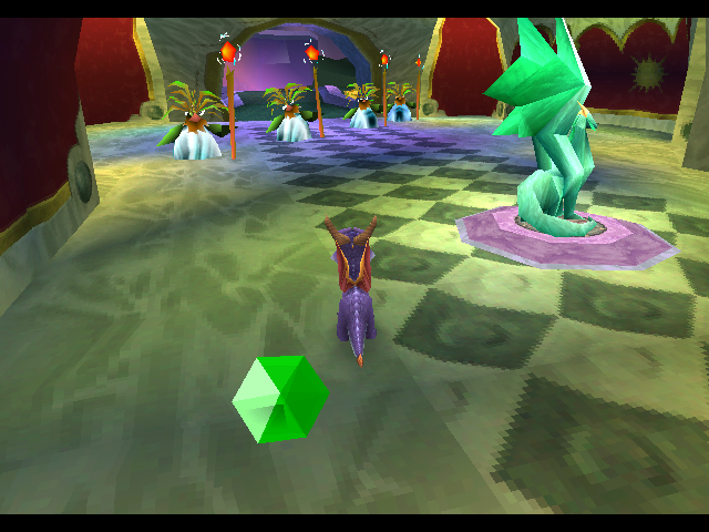 Spyro standing next to Cosmos' Dragon Statue