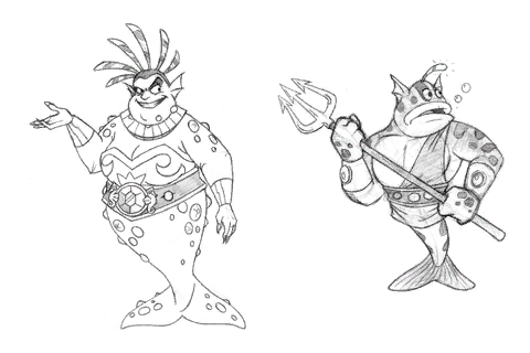 Concept art of Ineptune and a Mer-Gnorc in Spyro: A Hero's Tail