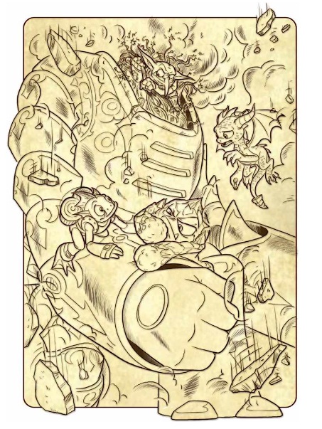 Boomer using The Machine of Doom to carry him and his friends to safety as the Pyramid of Just Rewards collapses around them.