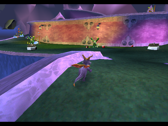 Spyro crossing a bridge and approaching Green Druids