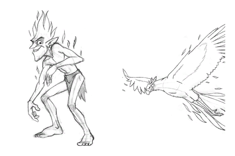 Concept art of a Fire Imp and a Fire Bird in Spyro: A Hero's Tail.