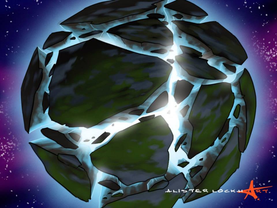 Cutscene artwork of the planet being reconstructed for the Nintendo DS version