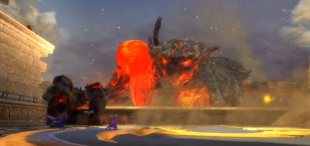 The Golem facing Spyro and Cynder in a final showdown