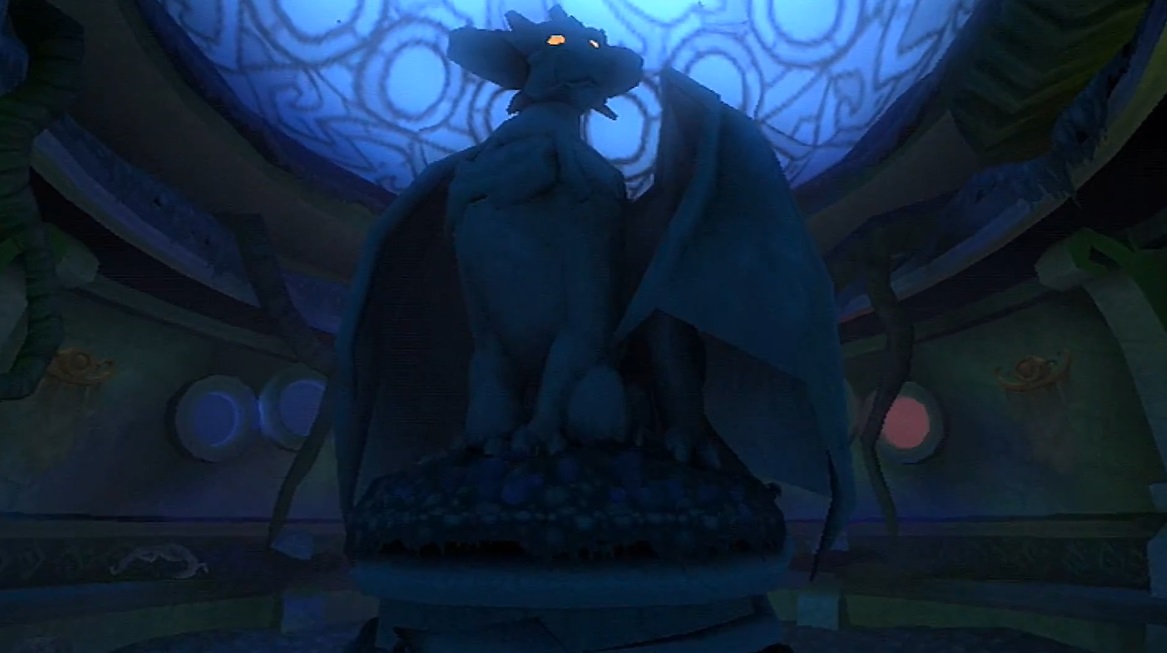 The statue of Malefor at night in the Temple Dojo