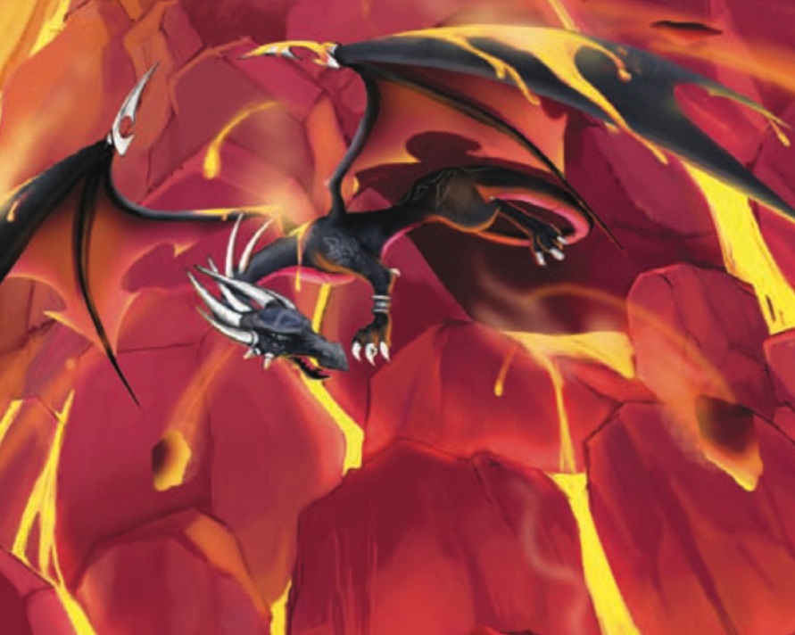 A corrupted Cynder flying through the lava flows of Munitions Forge unharmed
