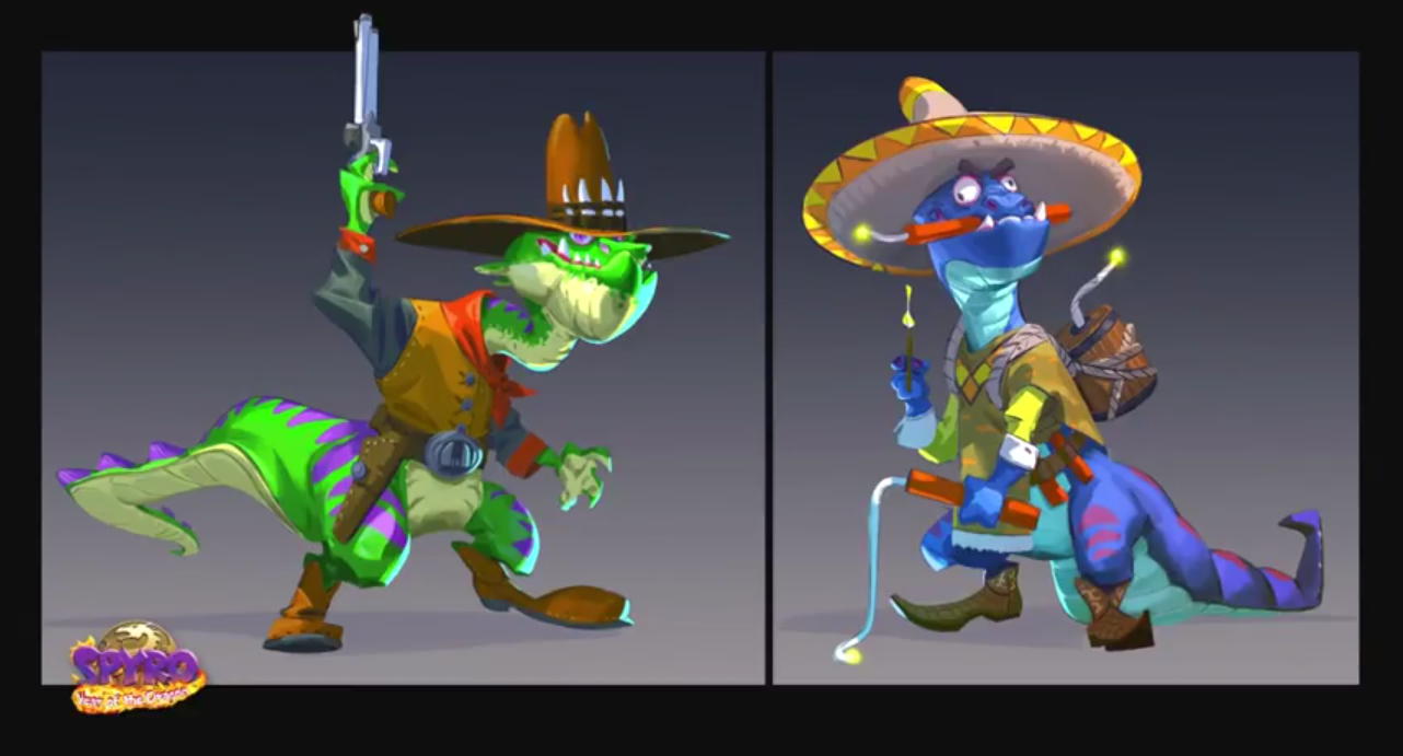 Concept art of a Gunfighter Dino and TNT Dino for the Spyro Reignited Trilogy by Mat Mossman