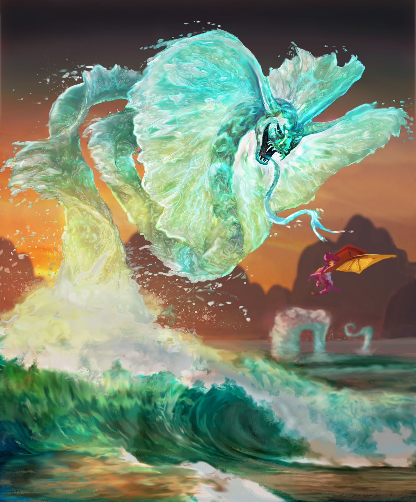 Concept art of Spyro batting a water serpent