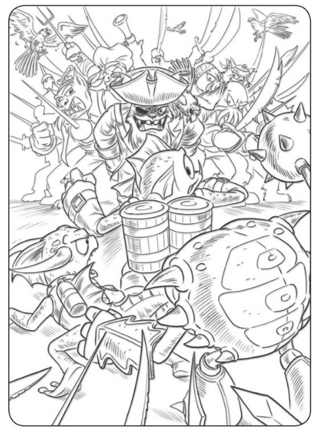 Gill Grunt, Zap, and Wham-Shell being surrounded by Captain Grimslobber and his gang of pirates.