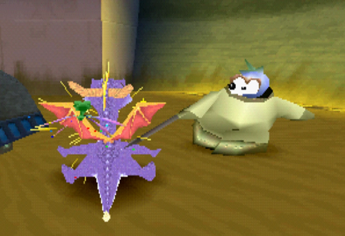 Spyro being zapped by a Water Worker in Sunny Beach.