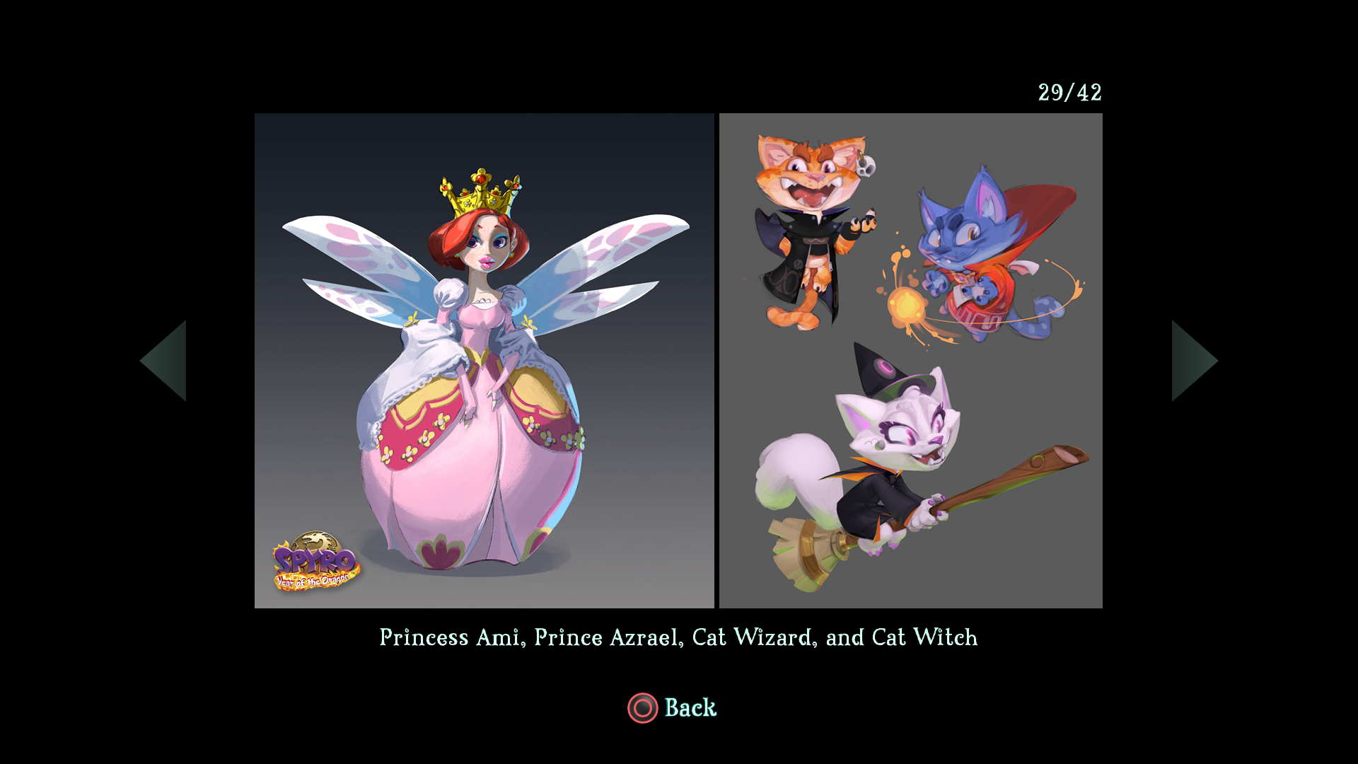 Concept art of Princess Ami, Prince Azrael, and the cat enemies for the Reignited trilogy.
