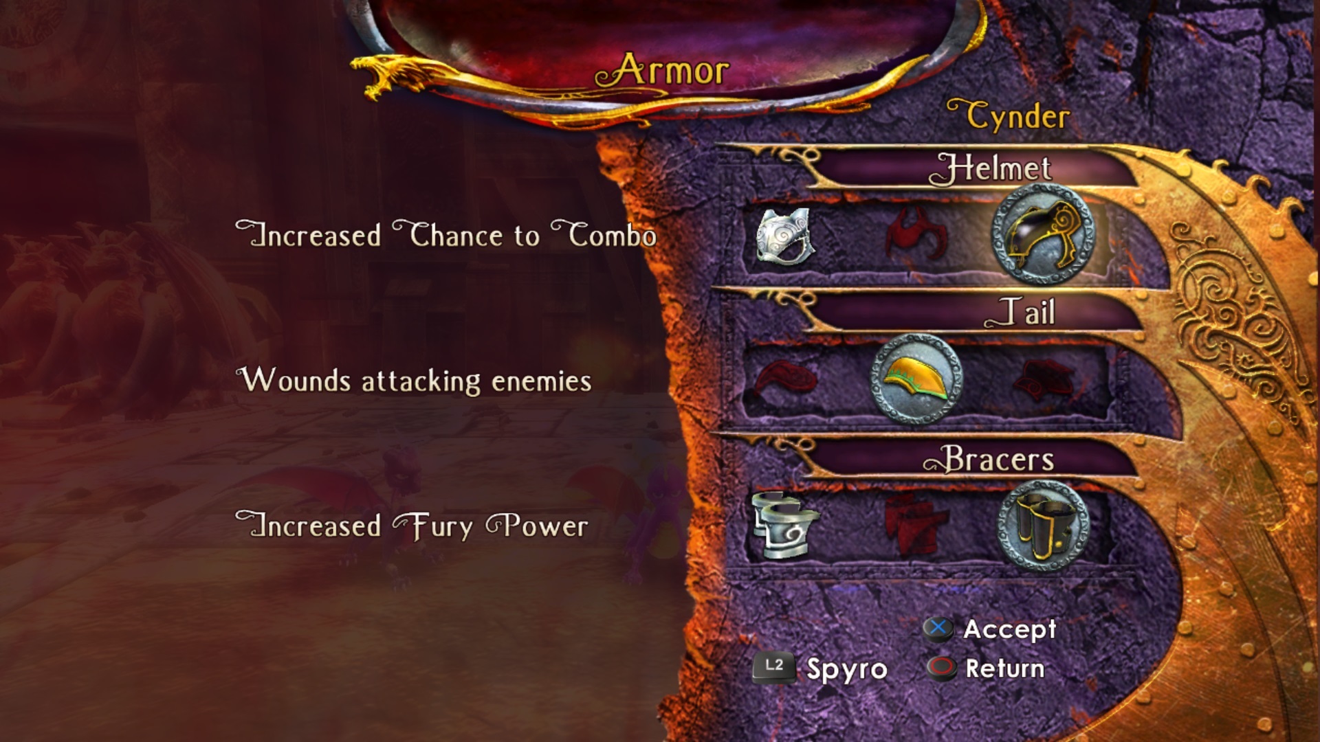 Cynder's Armor selection screen in The Legend of Spyro: Dawn of the Dragon