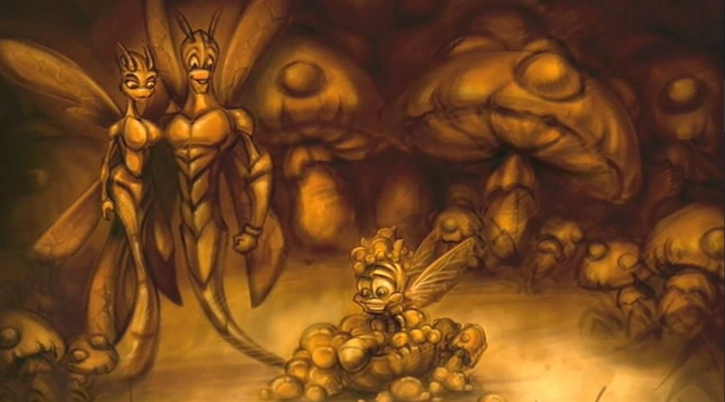 A page in Spyro's book depicting Flash and Nina watching over a young Sparx