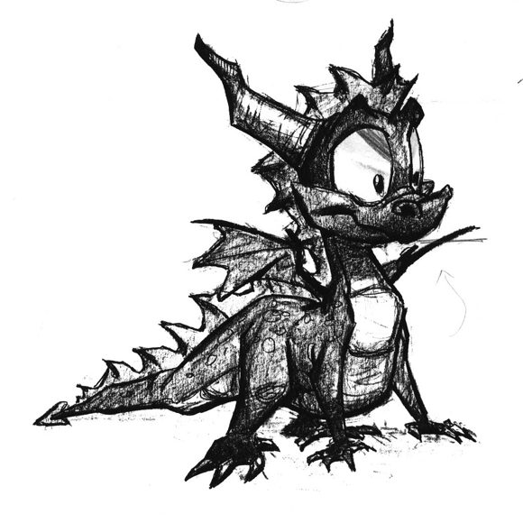 Concept art depicting a sketch drawing of Spyro for Spyro the Dragon