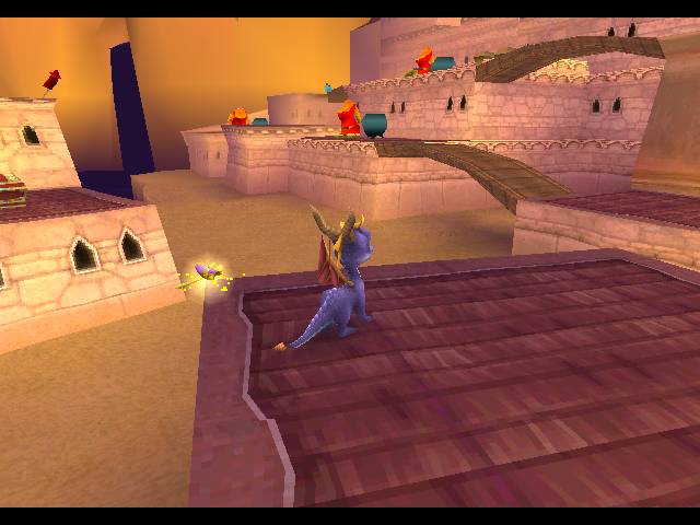 Spyro standing on the roof of a building; a few Fat Ladies are in the background