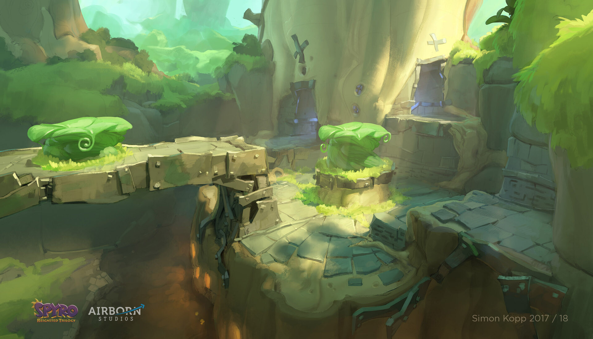 Spyro Reignited Trilogy concept art of Zephyr's sidequest area by Simon Kopp