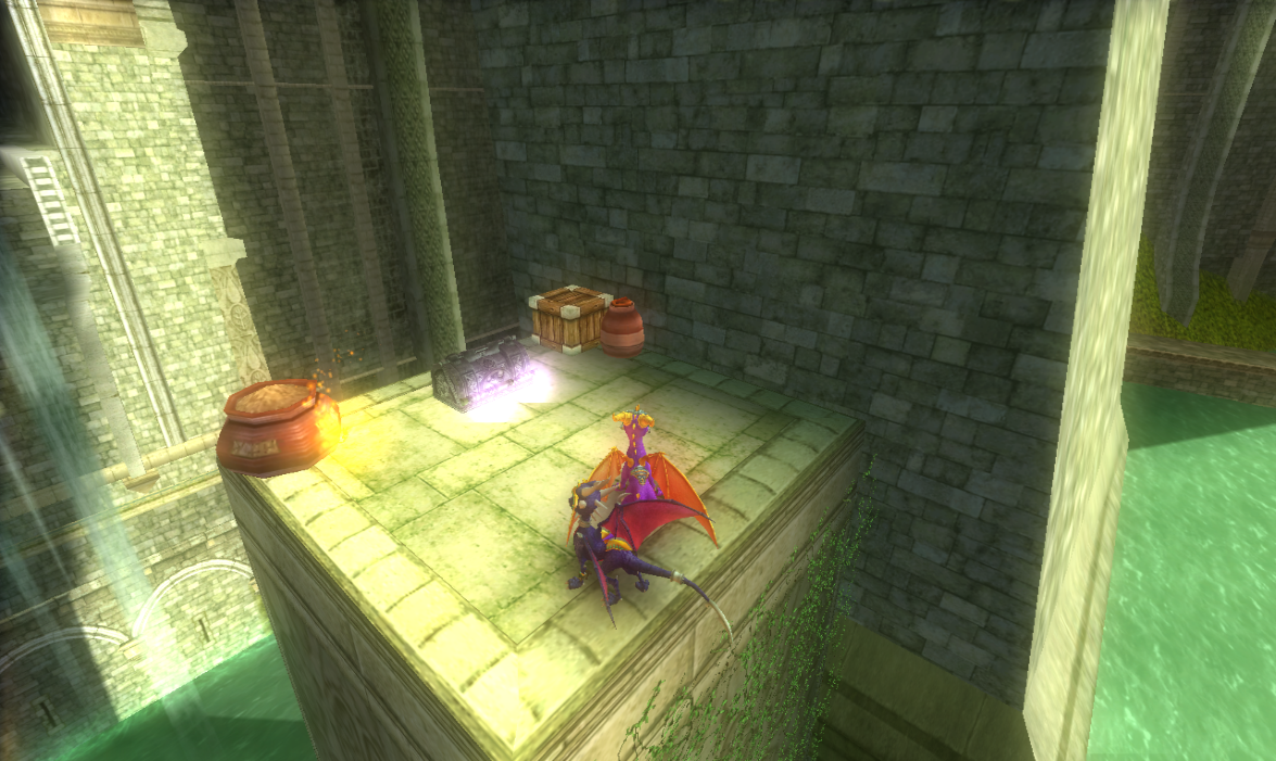chest on platform at the top of vines in lower dam, contains Spyro's gold tail armor