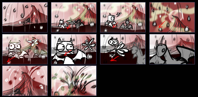 Storyboard of an earlier, alternate ending where Spyro, Cynder and Sparx escape the Well of Souls
