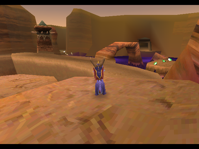 Spyro overseeing Peace Keepers, with a tar pit in the near distance