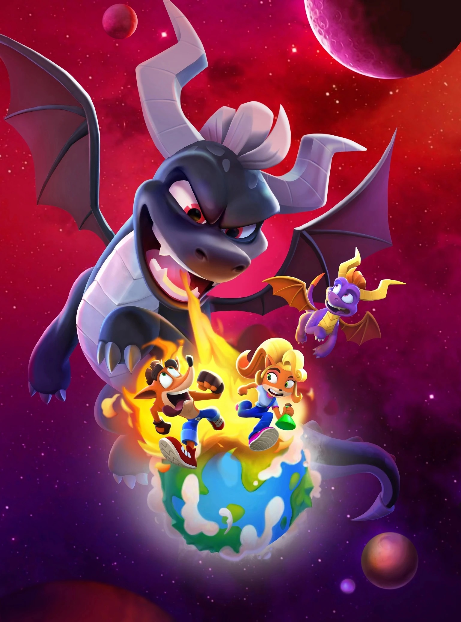 "Battle of the Dragons" Season 3 event image, featuring Crash, Coco, Spyro and their main enemy, Dark Spyro