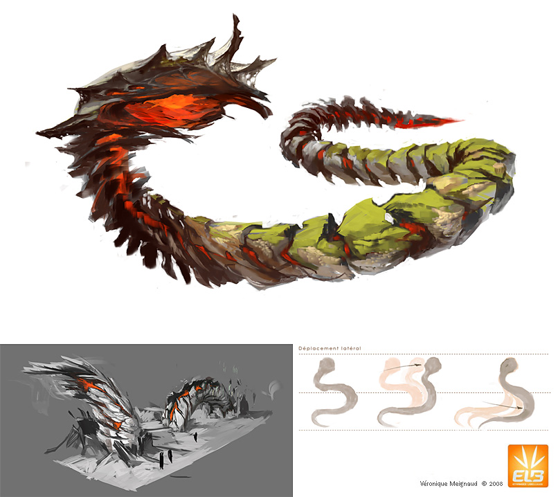 Concept art of a snake-like Golem by Veronique Meignaud