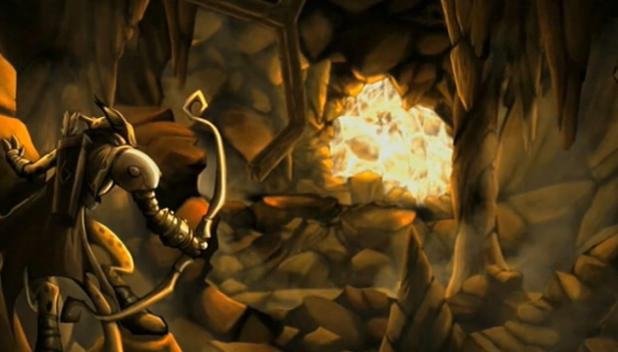 Hunter discovering the crystal that contains Spyro, Sparx and Cynder in the ruins of the Well of Souls.