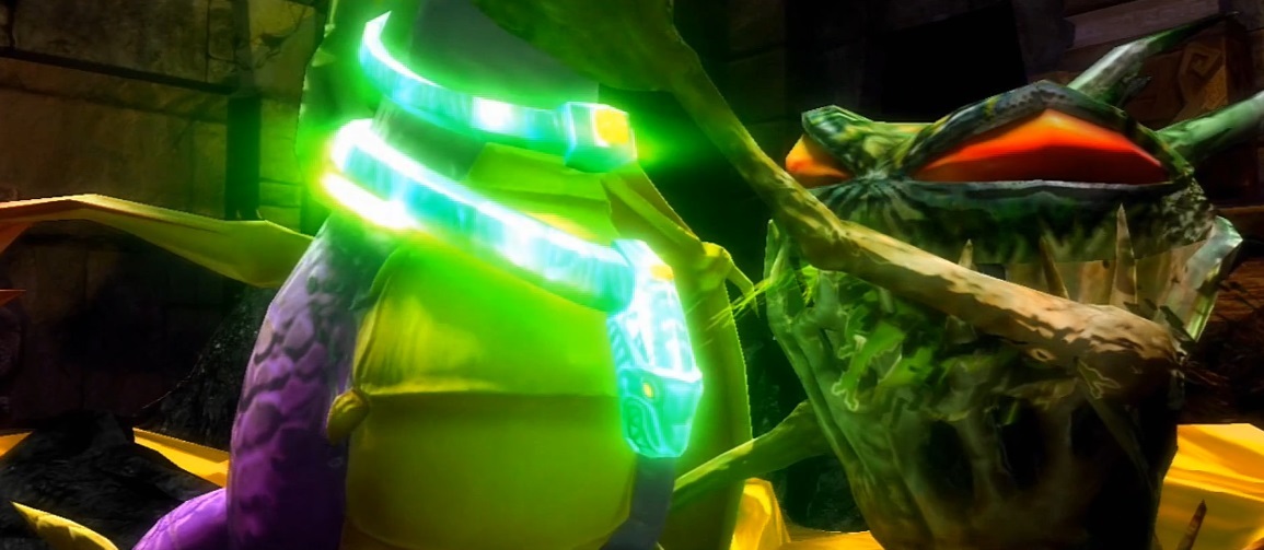 An unconscious Spyro being shackled with the snake chain by the Grublins