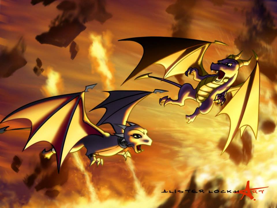 Cutscene artwork of Spyro and Cynder watching the world's apocalypse