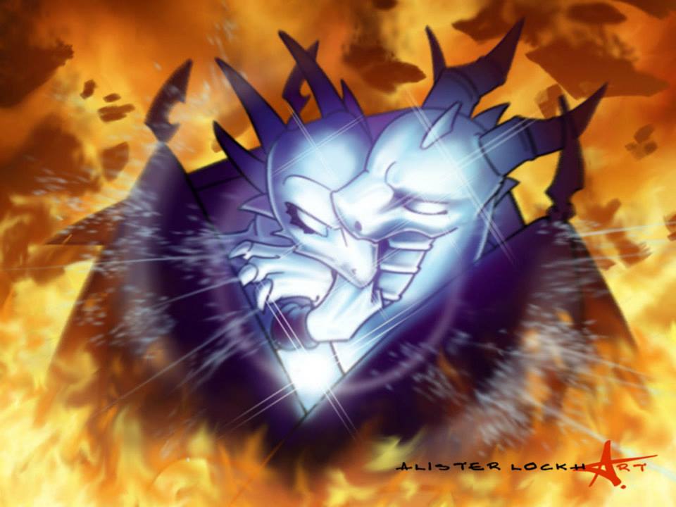 Cutscene artwork of Spyro and Cynder using a mysterious power to restore the world