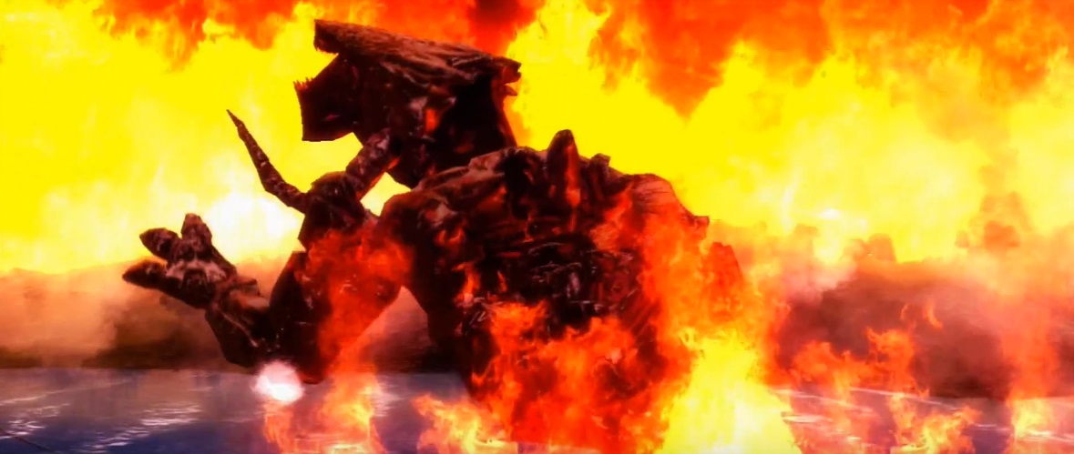 The Destroyer, despite the loss of its lower half, managing to cross the Belt of Fire