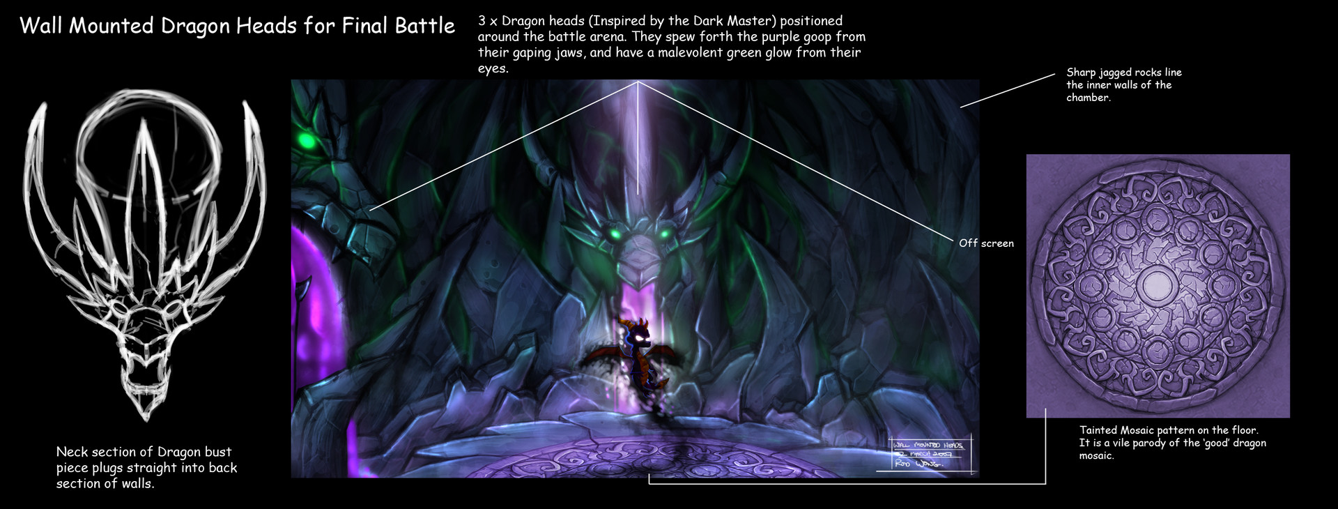 Concept art of Mountain of Malefor dragon heads and mosaic by Roderick Wong
