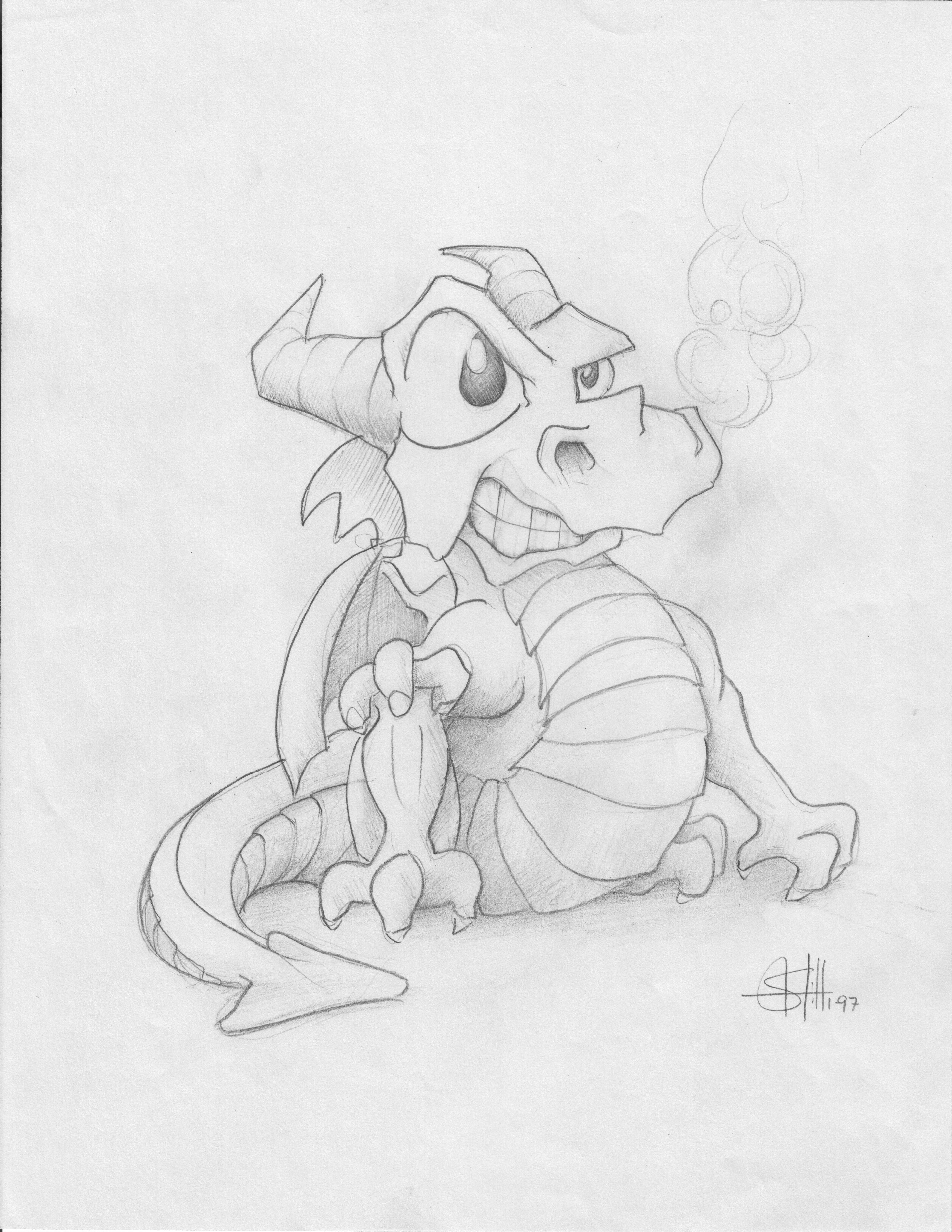 Original concept art of Spyro for Spyro the Dragon, drawn by Craig Stitt