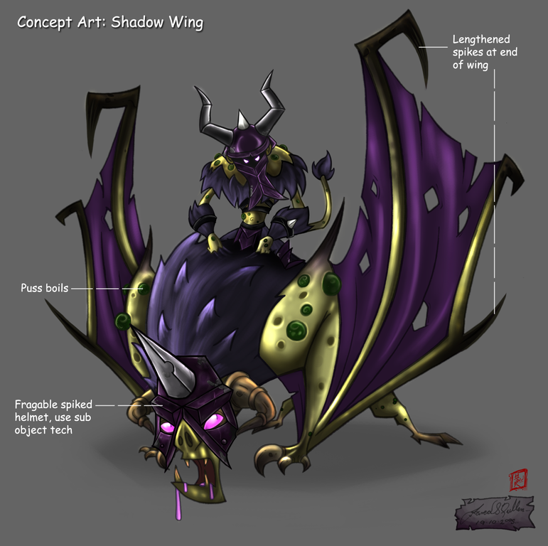 Concept art by Ronald Marc and Jared Pullen of a Wraith riding on a Shadow Wing